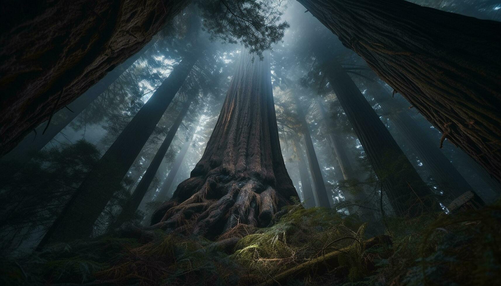 mysteriös Nebel Decken dunkel Wald, Aufschlussreich gespenstisch Schönheit im Natur generiert durch ai foto