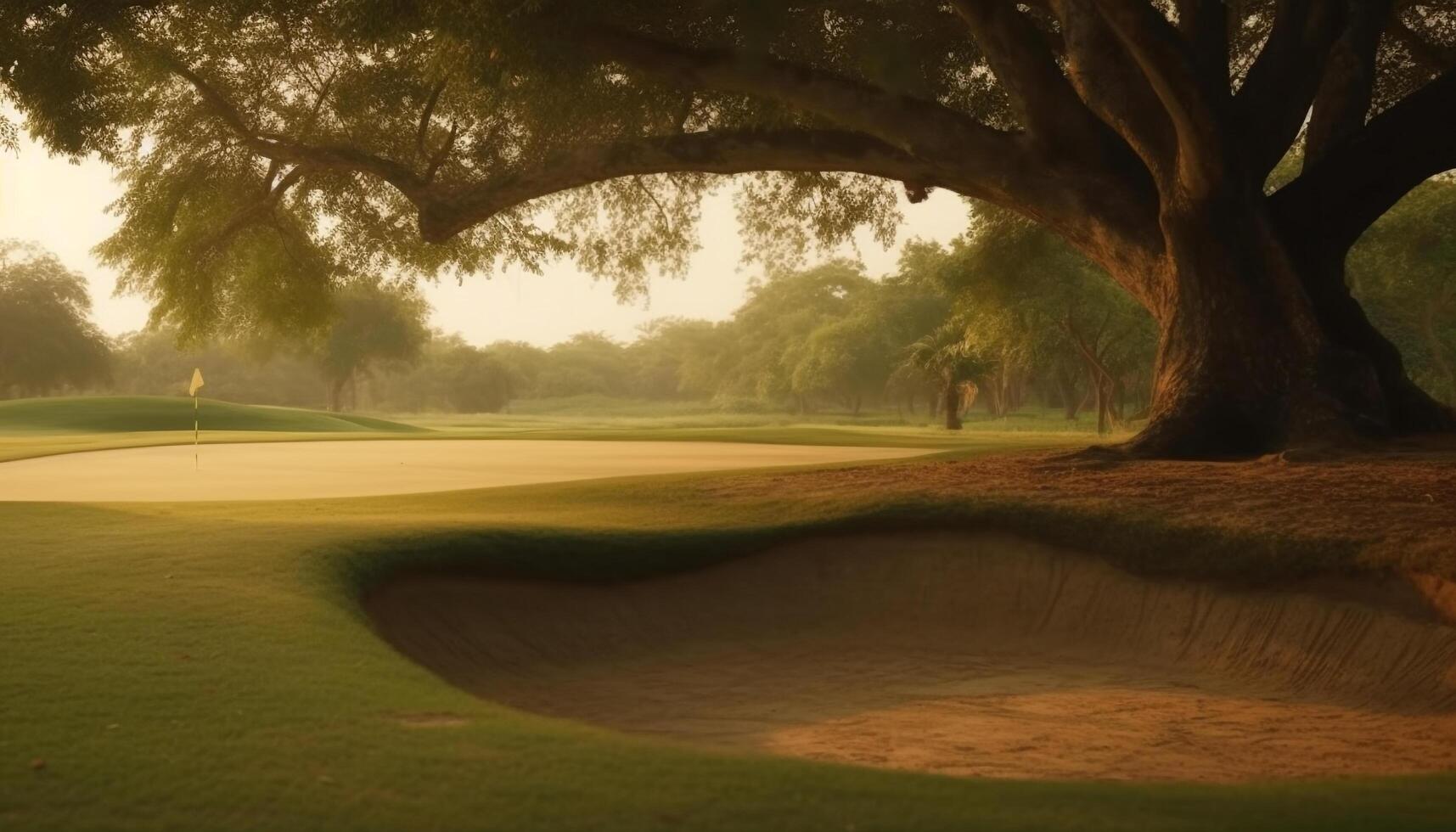 Golfer genießen Freizeit Aktivität auf Grün Gras unter Sommer- Sonnenlicht generiert durch ai foto