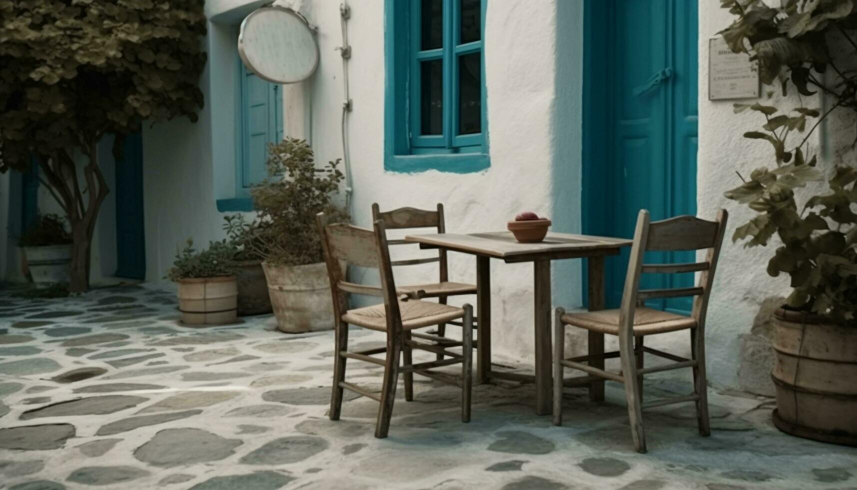 hölzern Stuhl und Tisch, umgeben durch Natur Blau Eleganz generiert durch ai foto