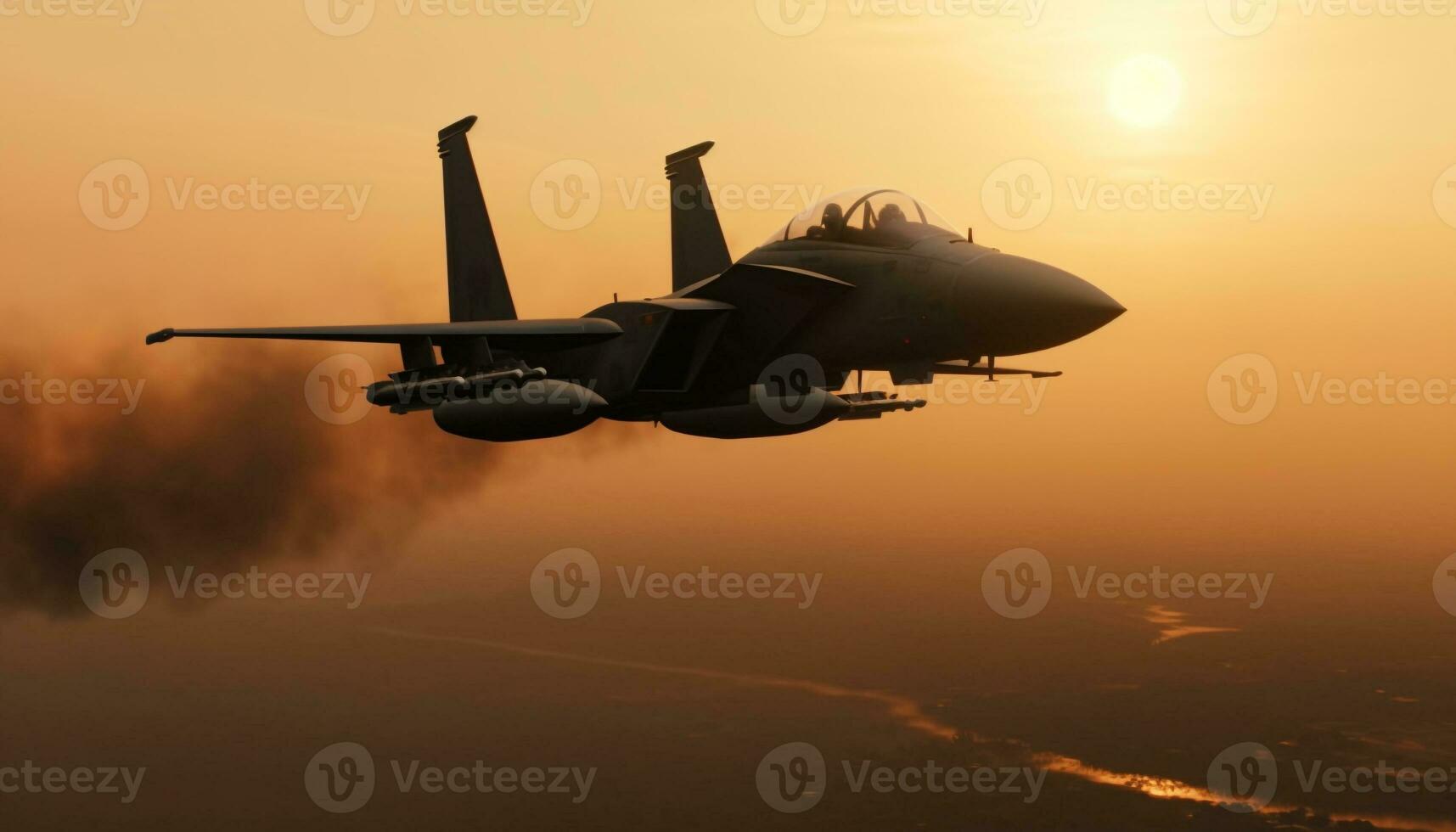 Militär- Flugzeug nehmen aus beim Dämmerung, Silhouette gegen das Sonnenuntergang Himmel generiert durch ai foto