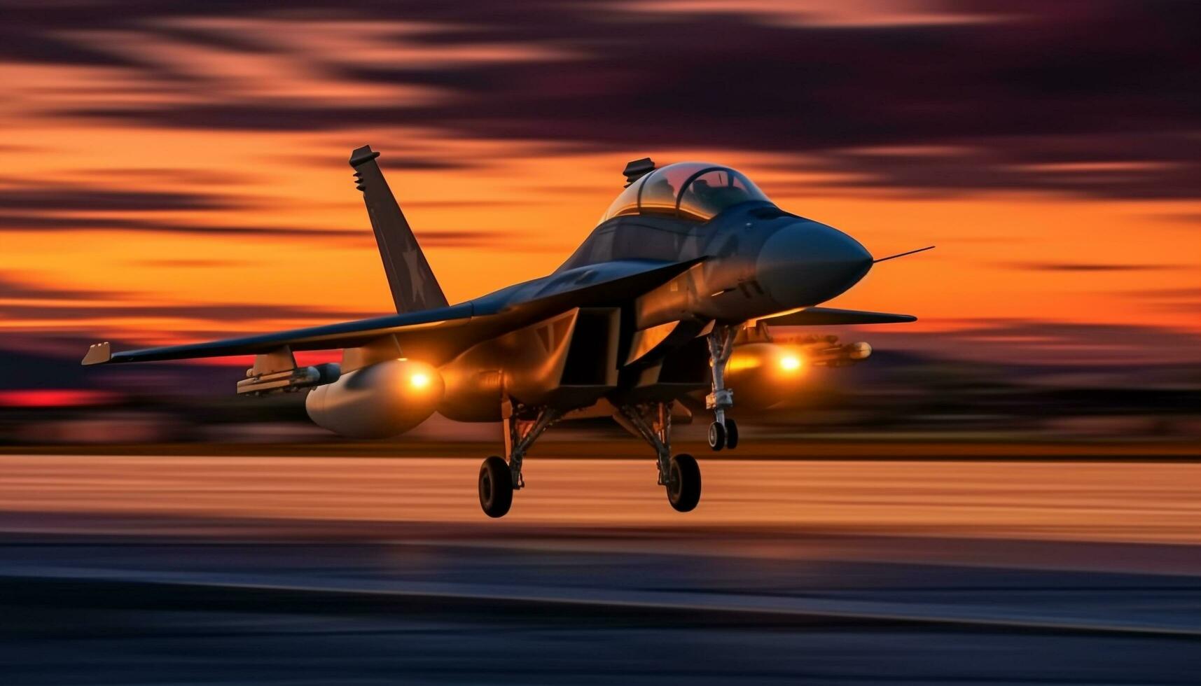 Beschleunigen Kämpfer Flugzeug fliegend im Sonnenuntergang, präsentieren Militär- Luft Macht generiert durch ai foto
