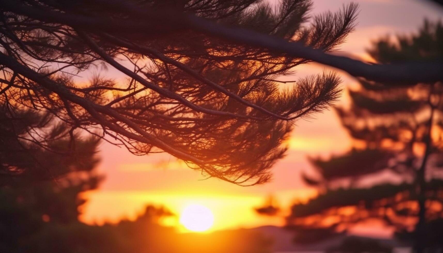 Silhouette von Baum gegen hell Sonnenuntergang, reflektieren auf still Wasser generiert durch ai foto
