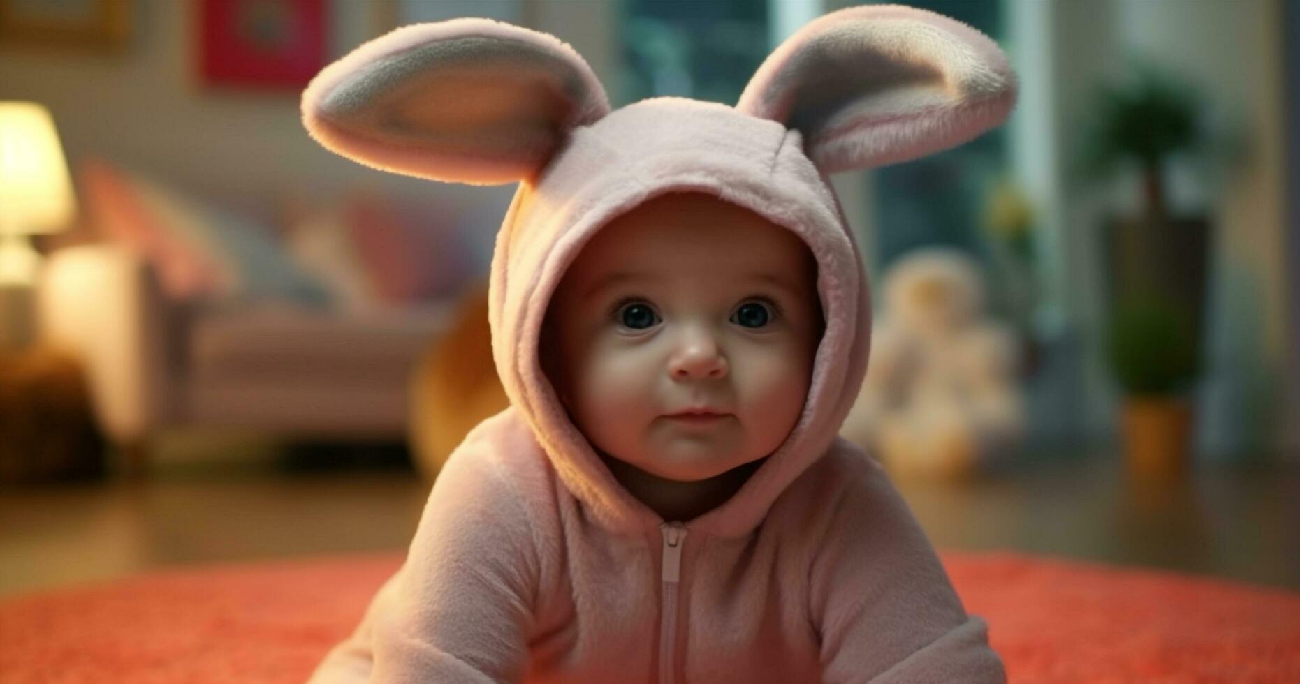 süß Baby Junge, klein und heiter, spielen mit Hase drinnen generiert durch ai foto