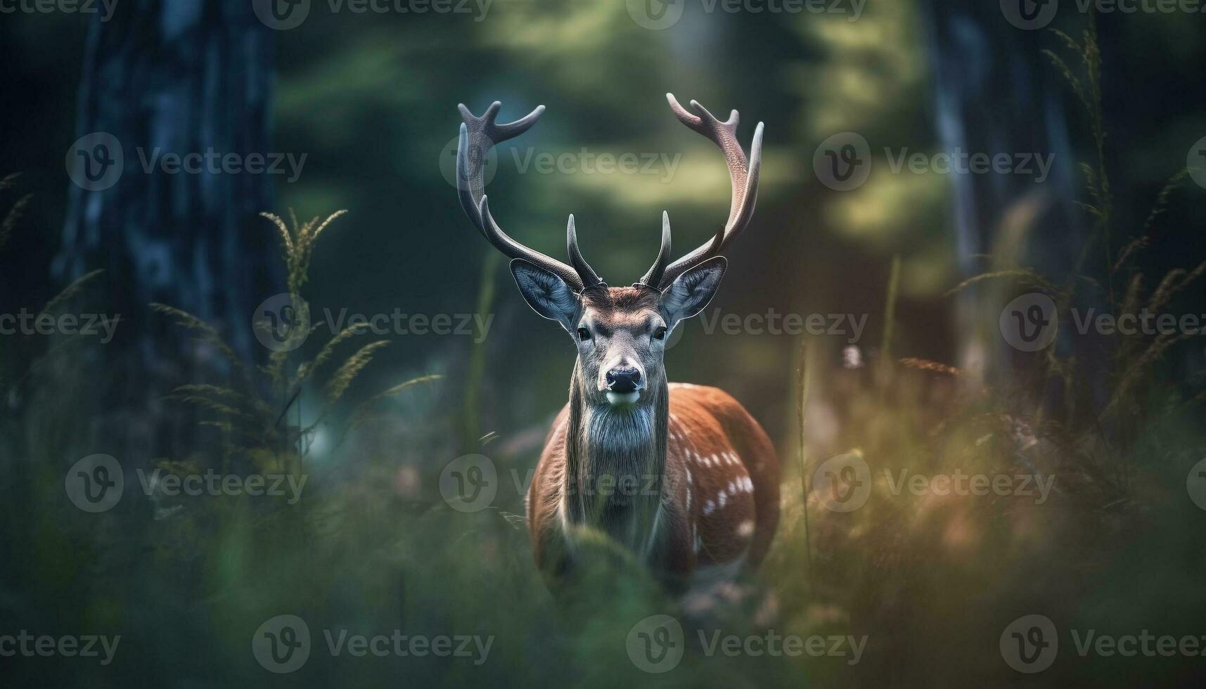 Hirsch Stehen im Wiese, suchen Niedlich, versteckt im still Wald generiert durch ai foto