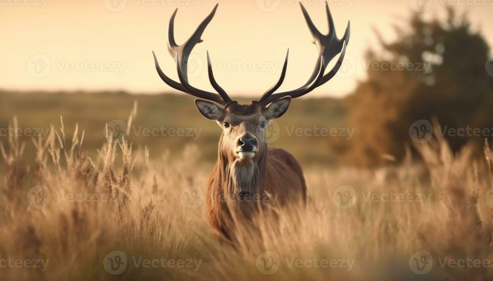 ein majestätisch Hirsch weidet im das Wiese, umgeben durch Natur generiert durch ai foto