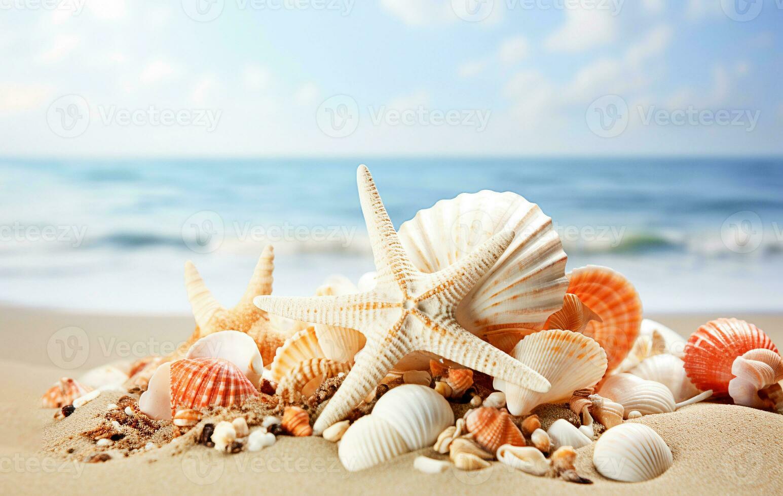 ai generativ. Sommer- Strand mit Straffisch und Muscheln foto