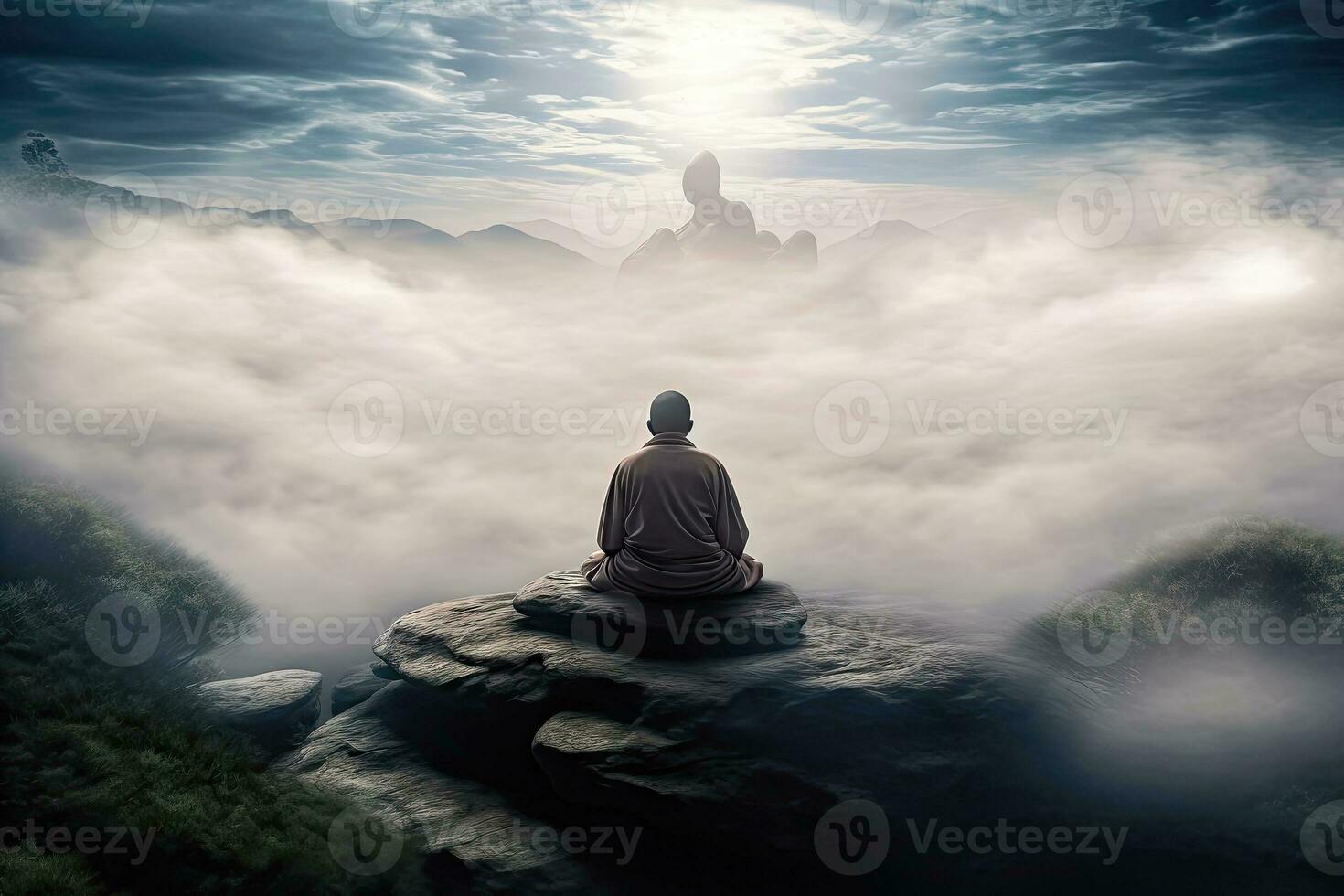 heiter Meditation - - Buddhist Mönch auf Berg Gipfel - - generativ ai foto