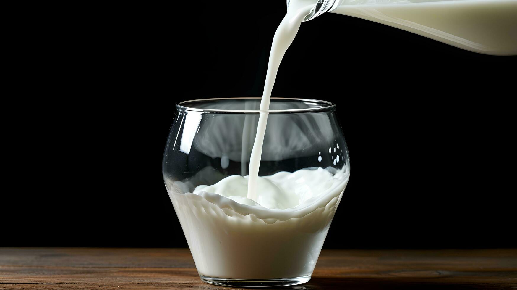 Gießen Milch im Glas im dunkel Hintergrund. ai generiert foto