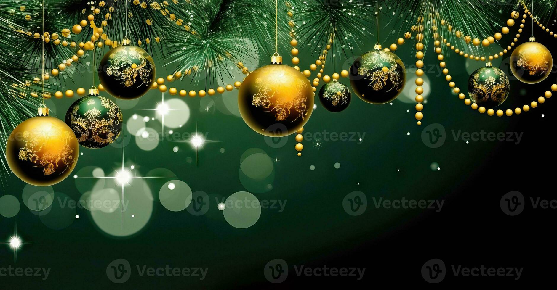 festlich Ornamente - - Weihnachten Baum Dekor auf Grün Bokeh - - generativ ai foto