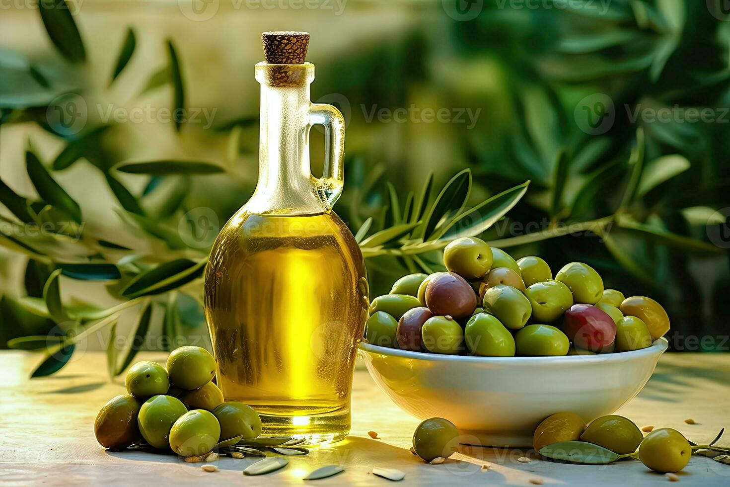 Mittelmeer Delikatessen - - Olive Öl im elegant Flasche, reif Oliven, Olive Geäst - - generativ ai foto