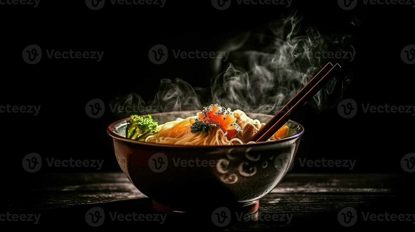japanisch Ramen Suppe mit Huhn, Ei, Schnittlauch und sprießen auf dunkel Hintergrund ai generativ foto