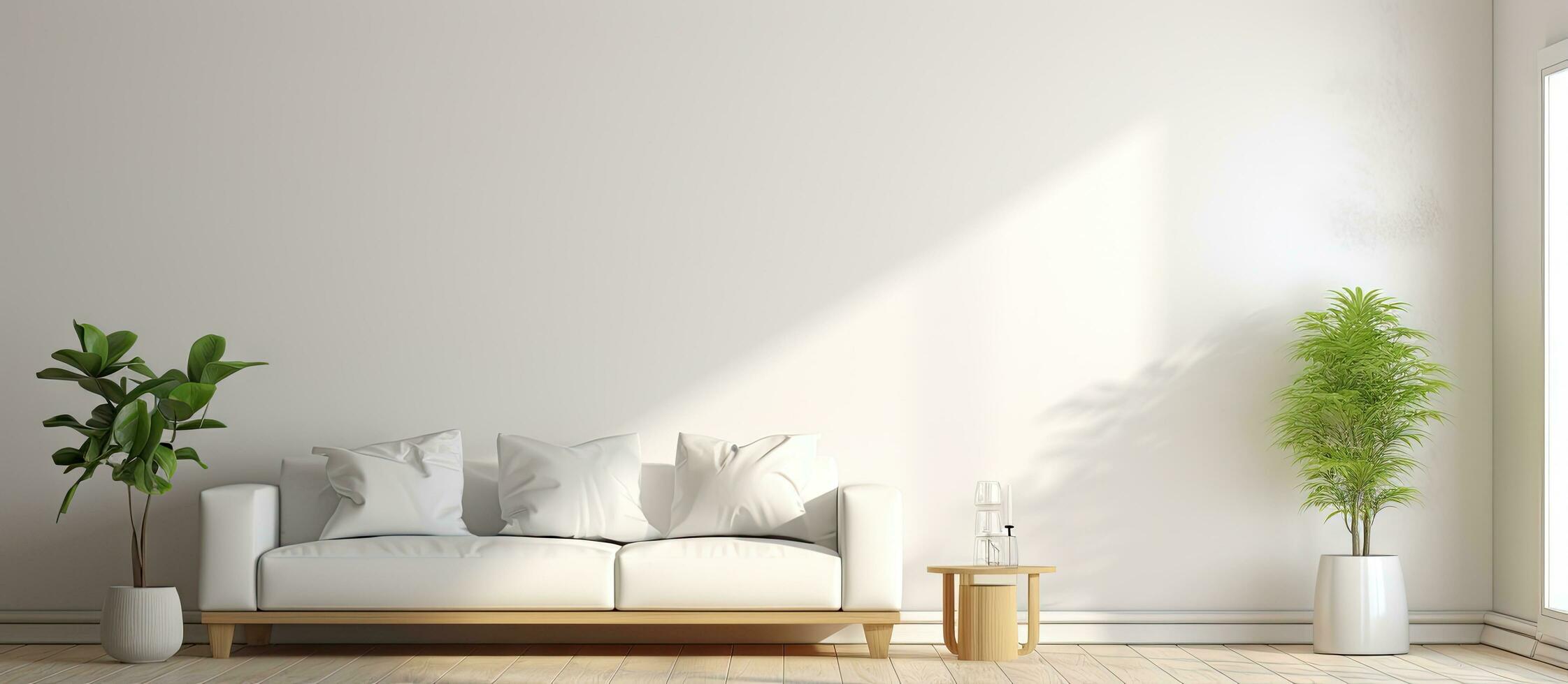 Illustration von ein hell und simpel nordisch Zuhause Innere mit ein Weiß Sofa Sonnenlicht Streaming auf zu ein hölzern Fußboden minimal Dekor auf ein groß Mauer und ein Aussicht von ein Weiß Landschaft durch das w foto