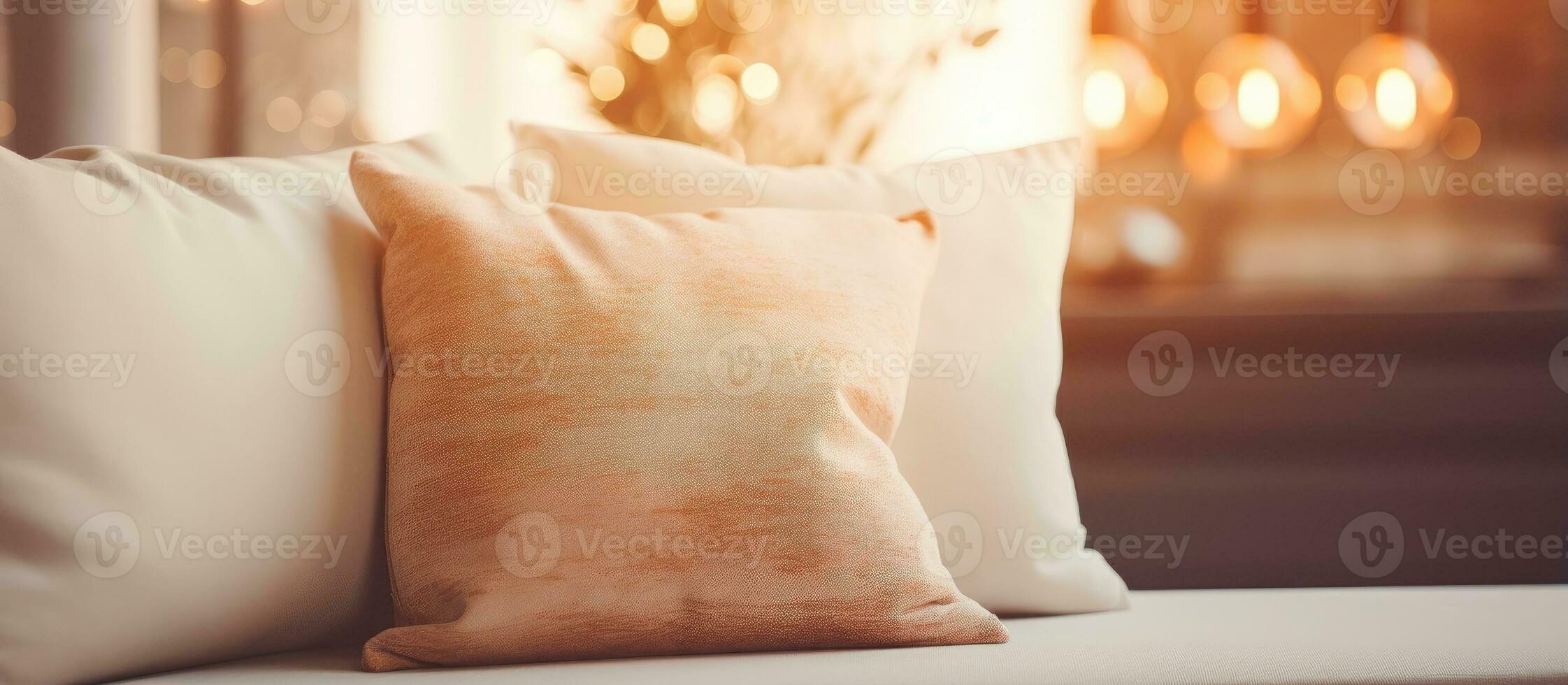 Jahrgang Licht Filter verbessert das ästhetisch von ein luxuriös Kissen auf ein Sofa im das Leben Zimmer Innere foto