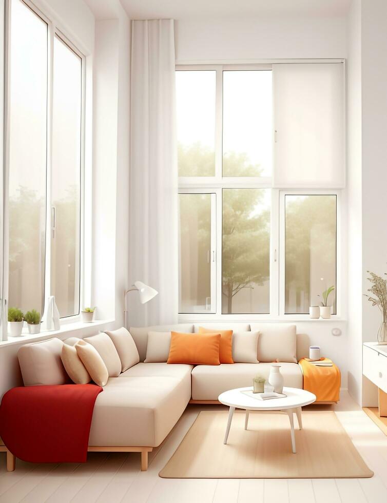 ein Weiß Couch mit Orange Kissen im ein Zimmer mit Fenster. generativ ai foto