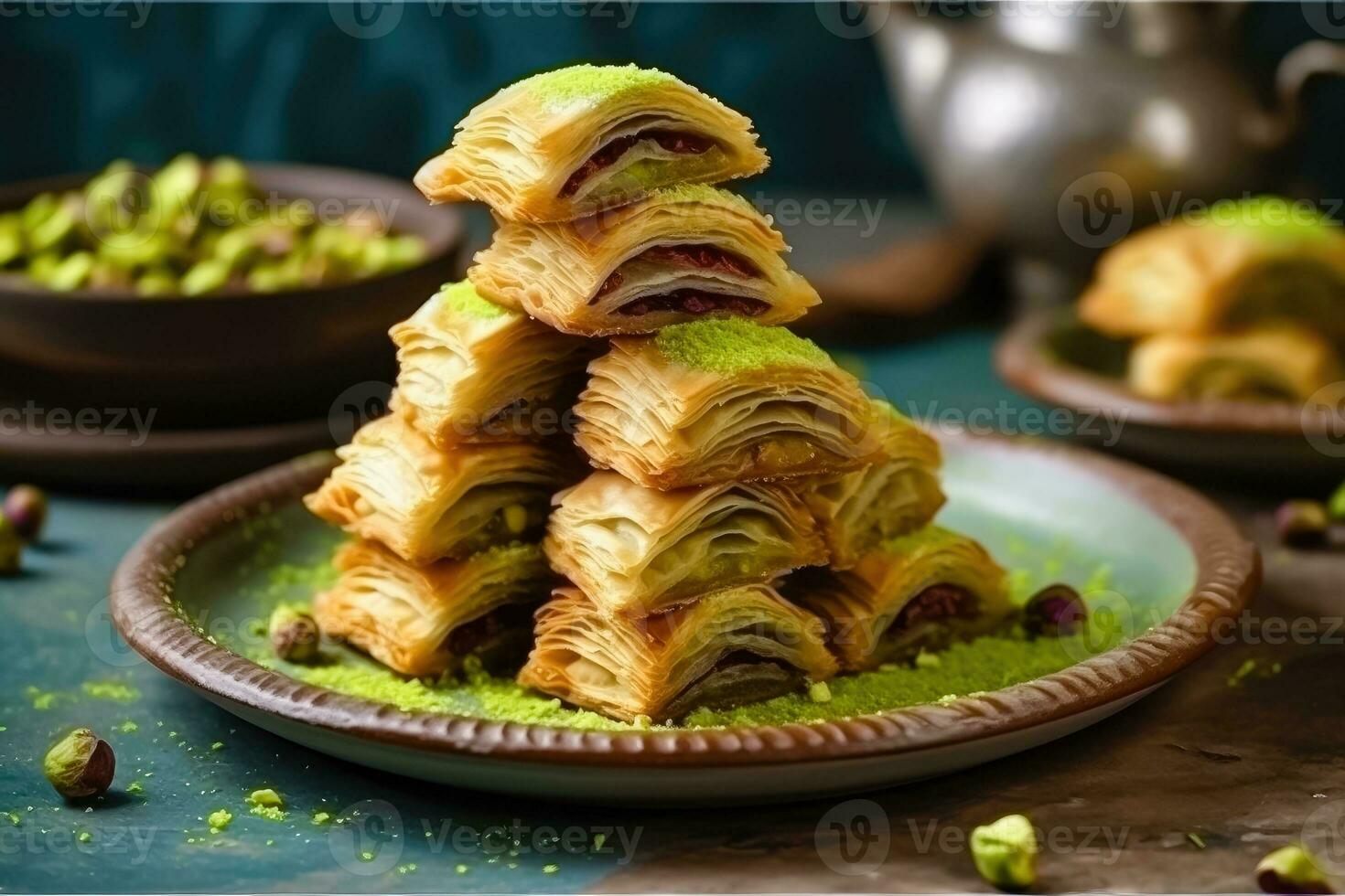 ein Scheibe von Türkisch Freude - - verlockend Baklava Dessert - - generativ ai foto