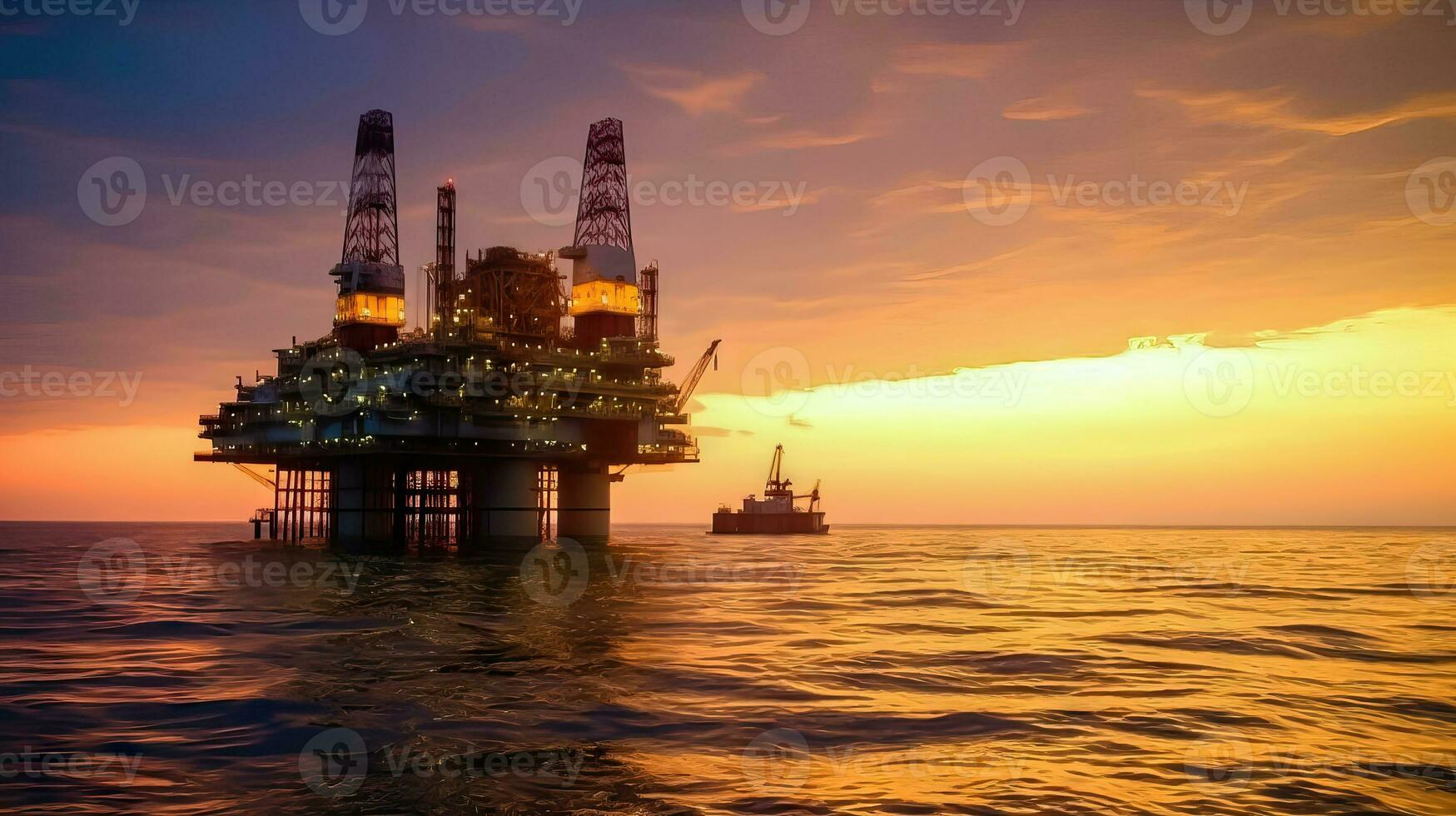 Strand Industrie - - Öl rig silhouettiert durch das Ozean beim Sonnenuntergang - - generativ ai foto