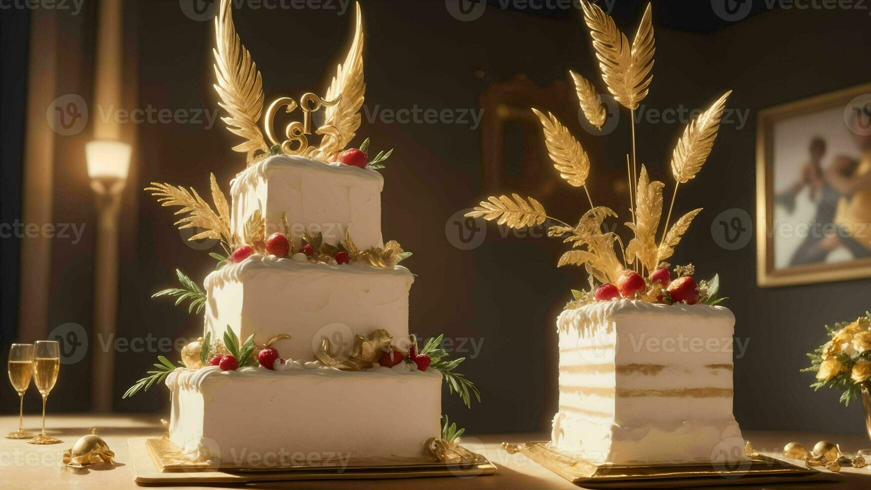 ein Feier von Freude mit ein elegant Geburtstag Kuchen golden ai generiert foto