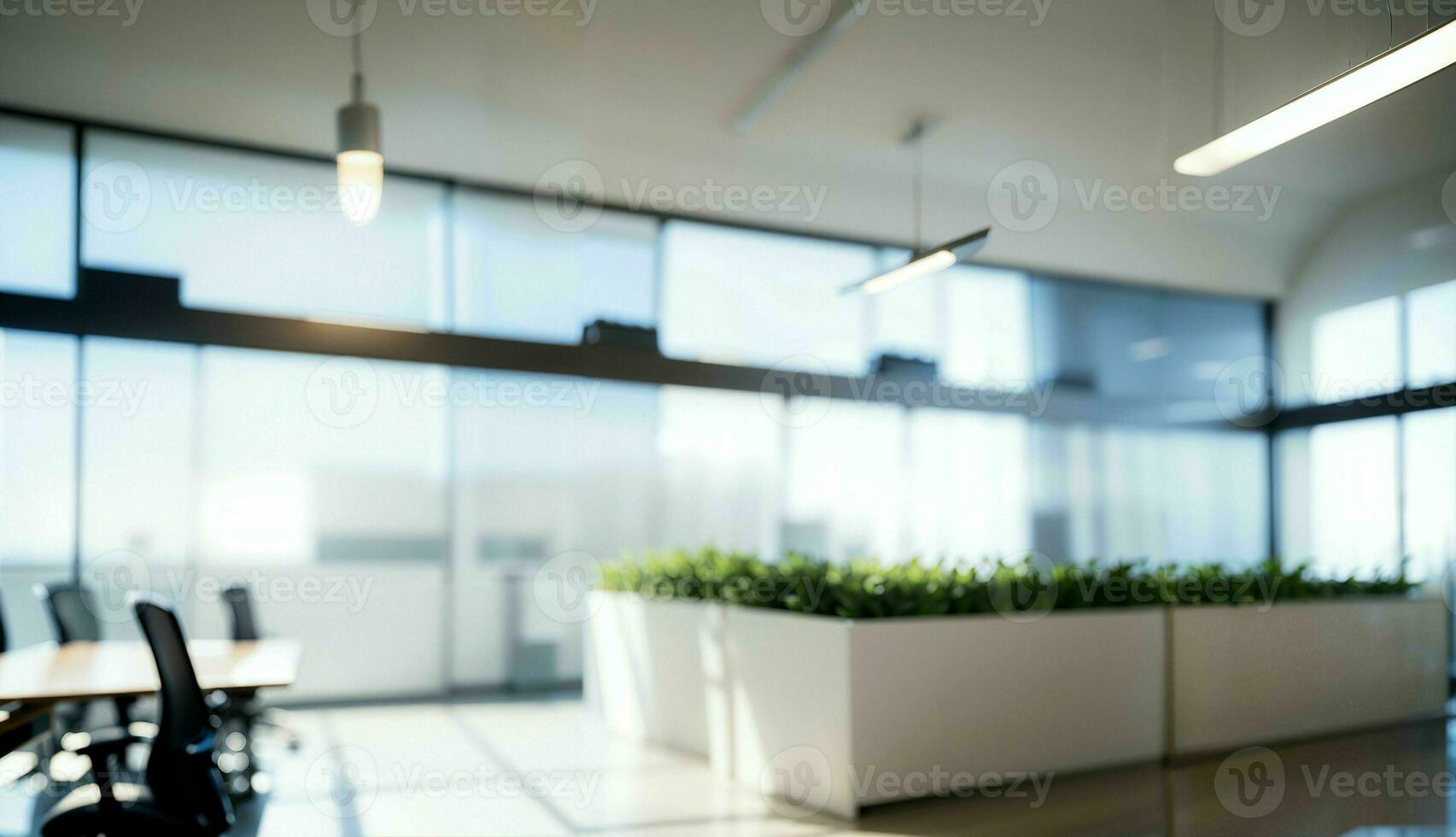 verschwommen Hintergrund von ein Licht modern Büro mit Panorama- Fenster und schön Beleuchtung ai generiert foto