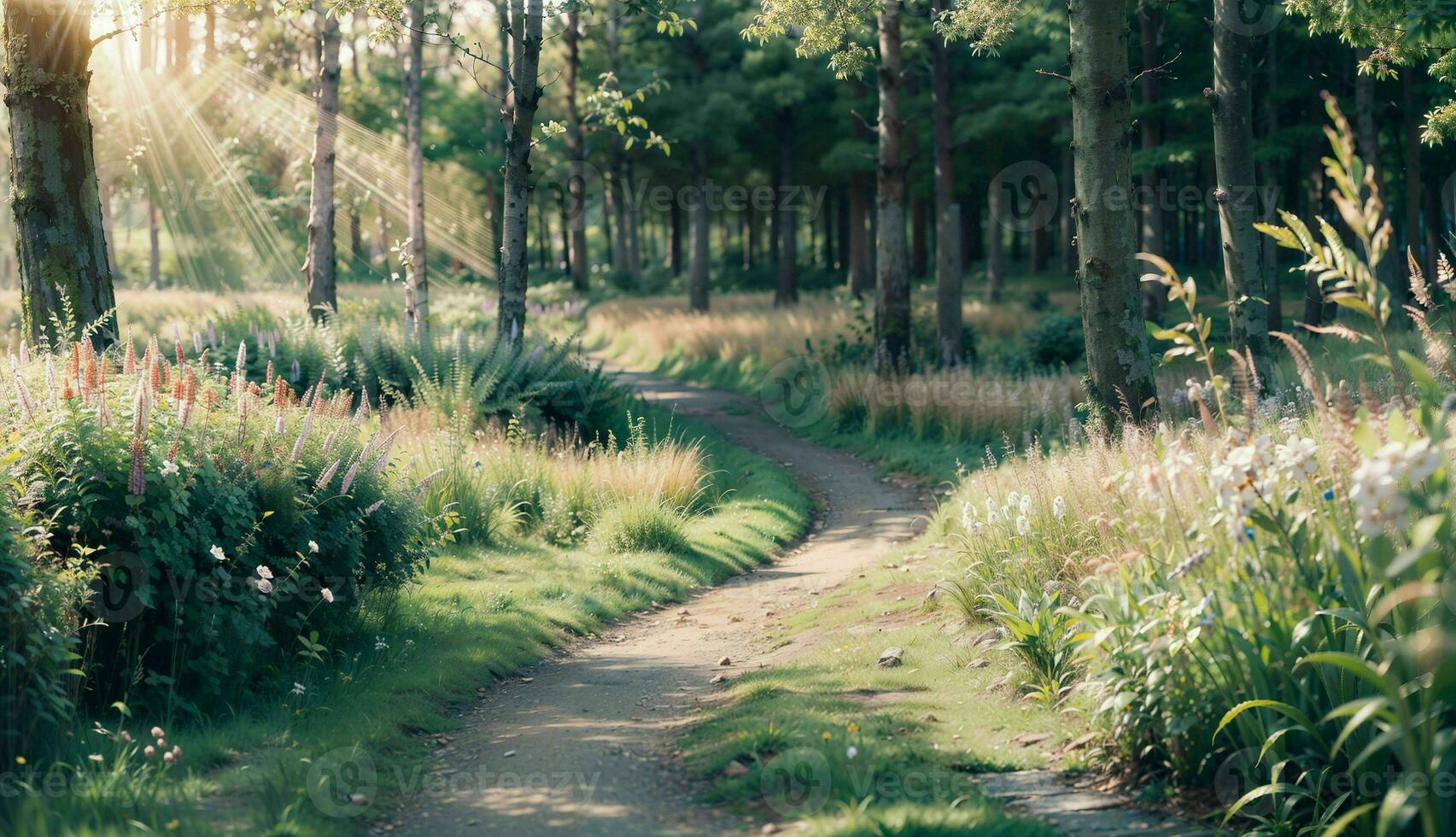 defokussiert Grün Bäume im ein heiter Wald mit wild Gras und Sonne Balken ai generiert foto