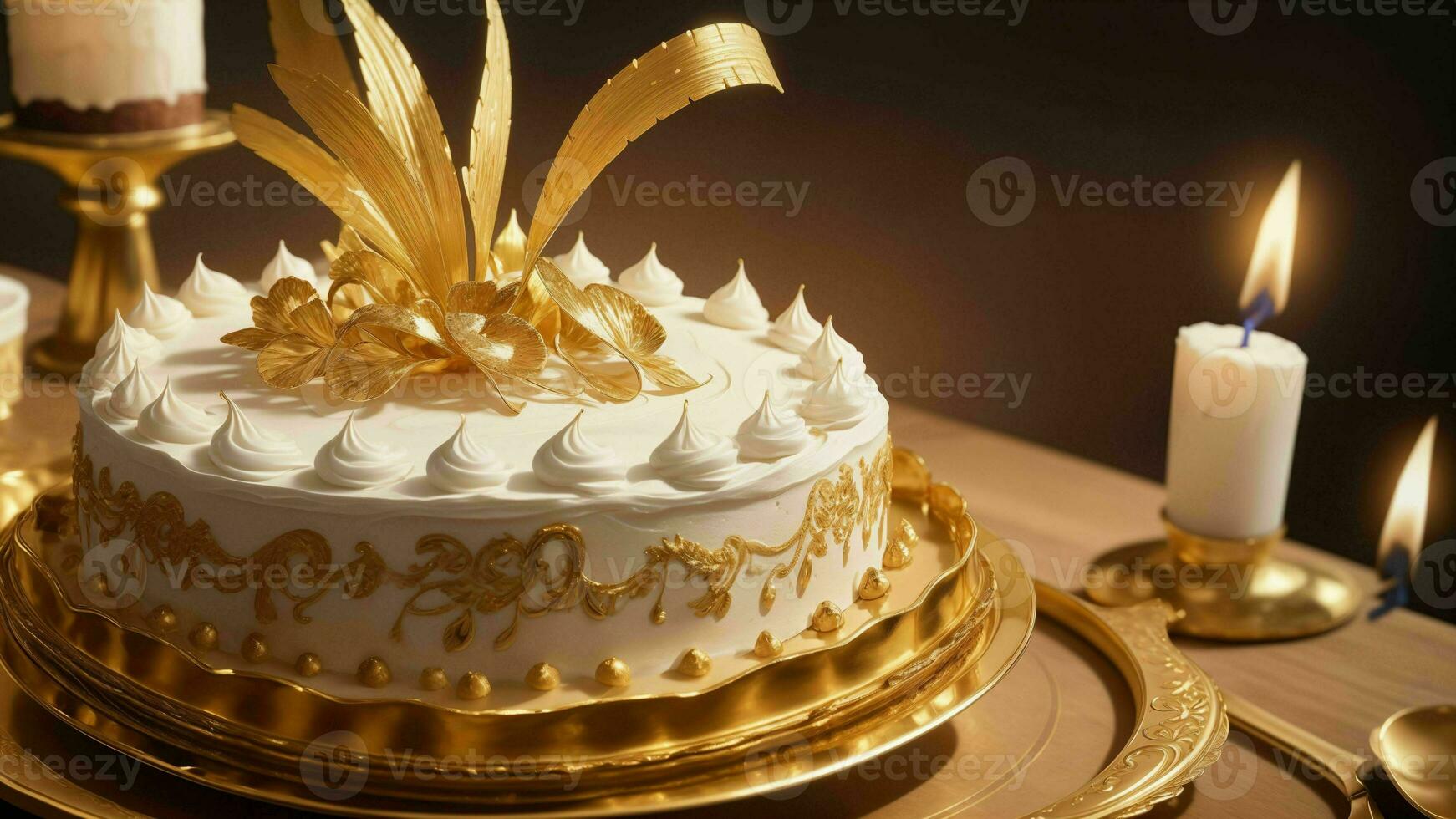 ein Feier von Freude mit ein elegant Geburtstag Kuchen golden ai generiert foto