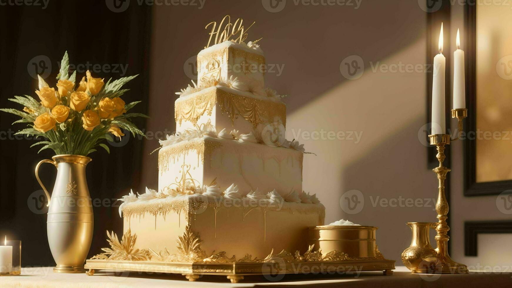 ein Feier von Freude mit ein elegant Geburtstag Kuchen golden ai generiert foto