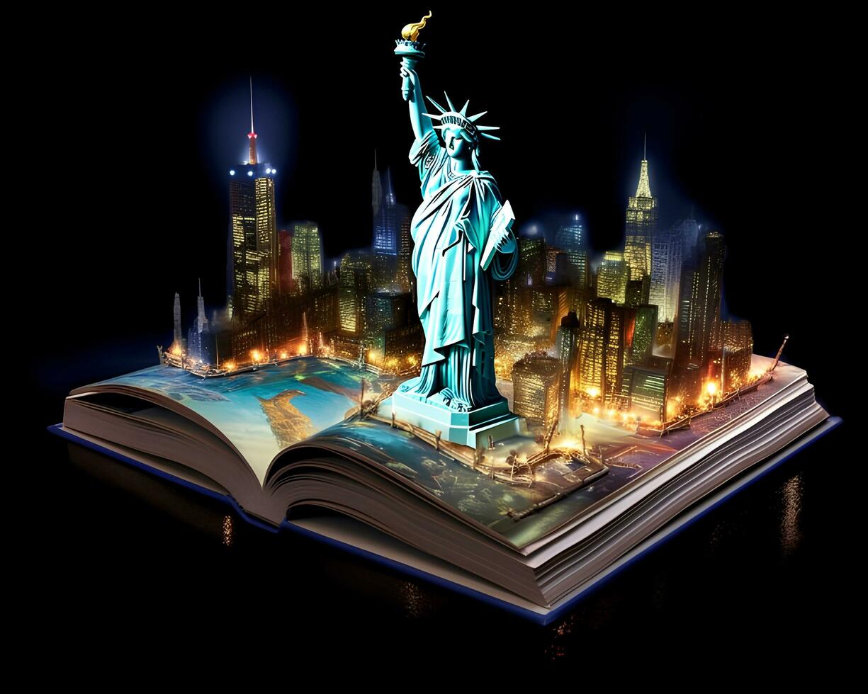 ein Buch mit ein Statue von Freiheit und ein Stadt. generativ ai foto