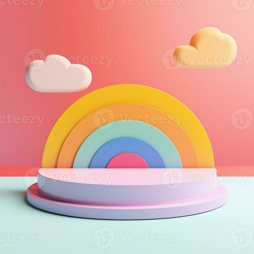 3d Rendern Podium Kind Stil, bunt Hintergrund, Wolken und Wetter mit leeren Raum zum Kinder oder Baby Produkt. hell Farben. foto