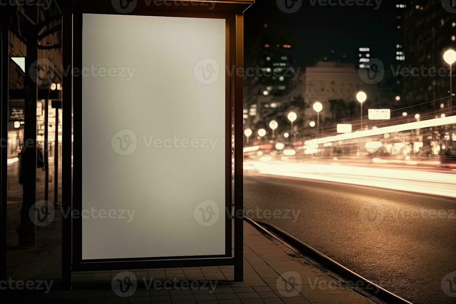 leeren Werbung Plakatwand städtisch Attrappe, Lehrmodell, Simulation beim Nacht Stadt foto