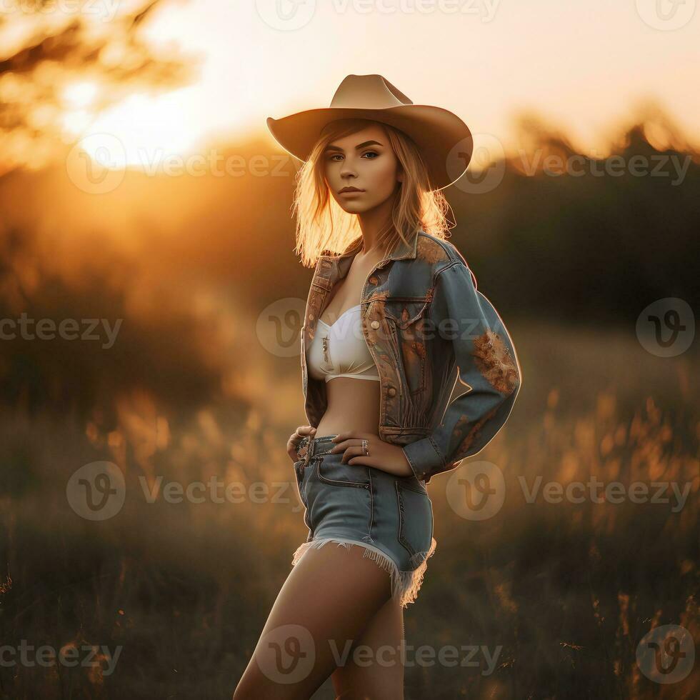 Porträt von ein Frau im ein Cowboy Hut auf das Hintergrund von das Rahmen Sonne, natürlich Foto im das Feld, ,weich Licht, ai generativ Kunst