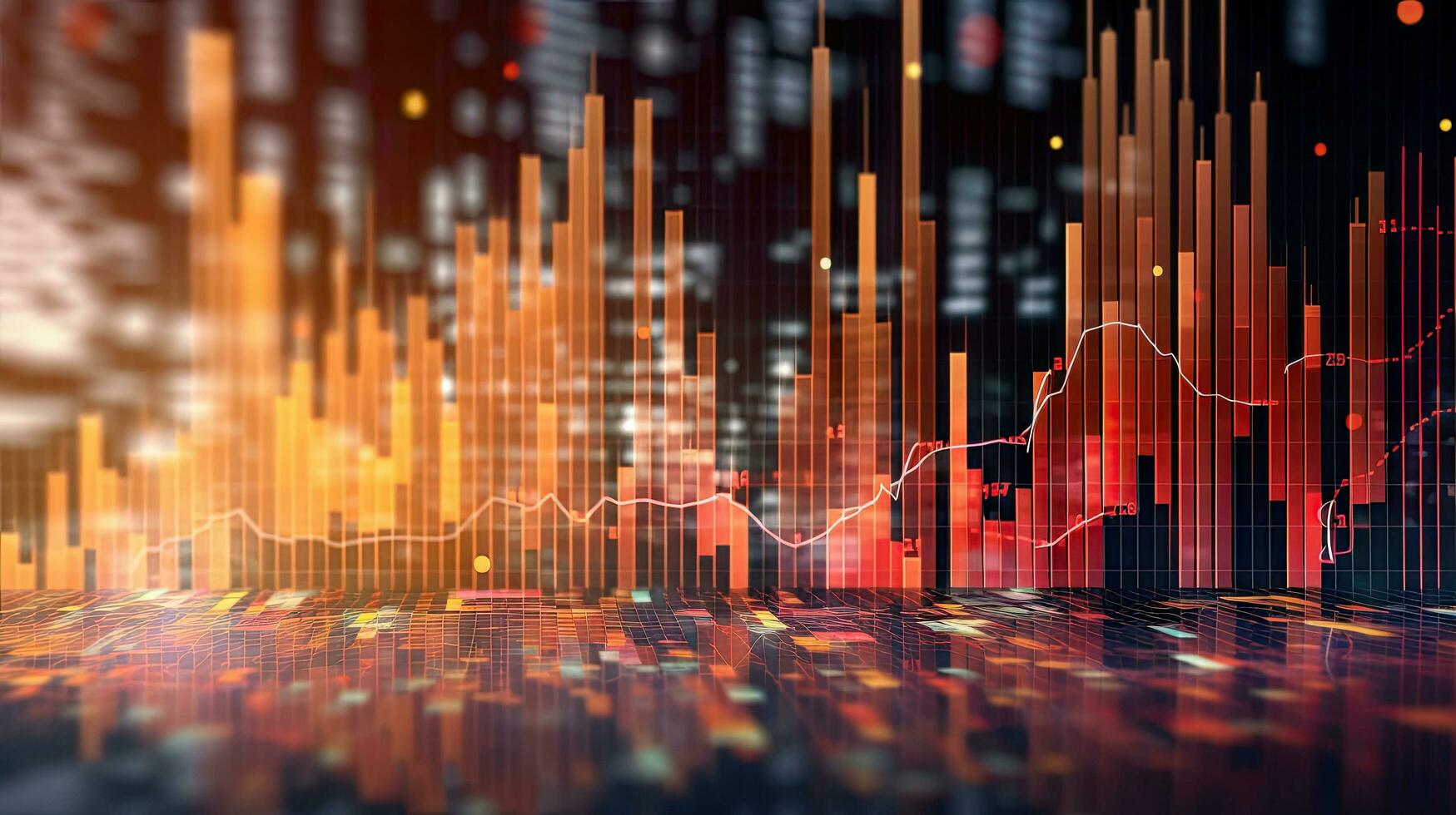 doppelt Exposition von Geschäft finanziell Investition und Graph mit Stadt und wirtschaftlich Hintergrund, investieren im Lager Märkte Konzepte, Daten Indikatoren Analyse, mit generativ ai. foto