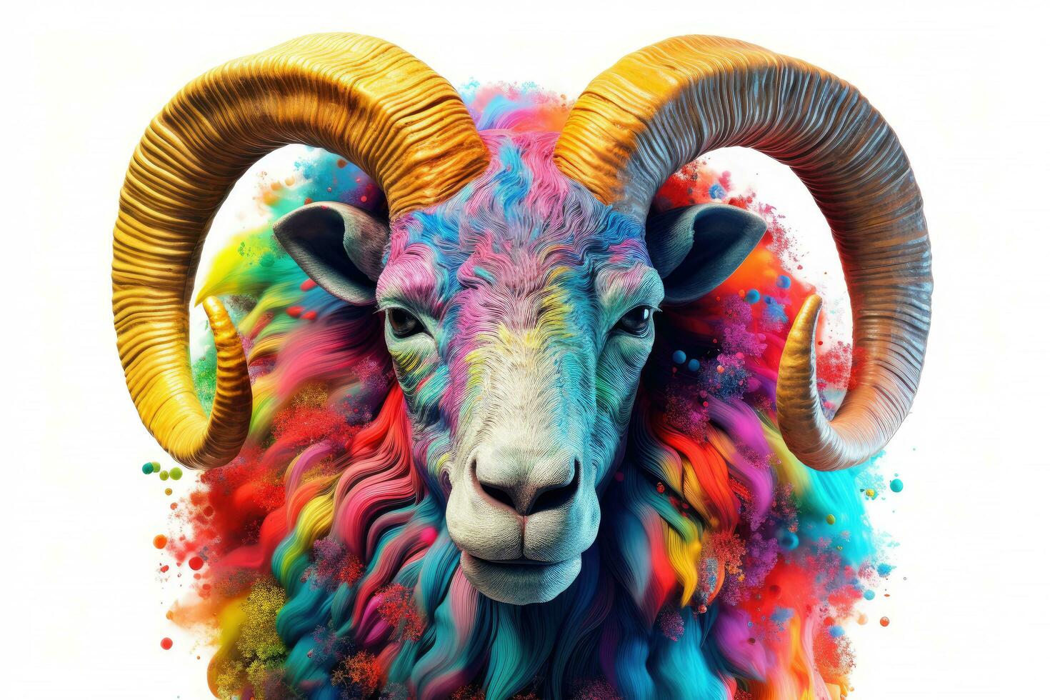 abstrakt von großes Horn RAM oder Schaf Porträt isoliert auf Weiß Hintergrund, Widder Tierkreis Zeichen mit multi farbig bunt auf Haut Körper und Haare malen, mit generativ ai. foto