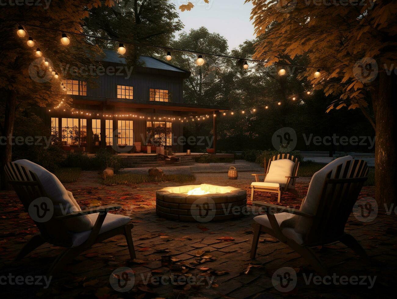 gemütlich Herbst Terrasse mit Stühle und Feuerstelle. Außen im Hinterhof zum entspannen im Herbst Garten. foto