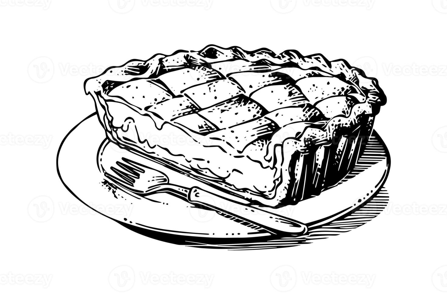 Stück von Apfel Kuchen Hand gezeichnet Gravur Stil Vektor Illustration. foto