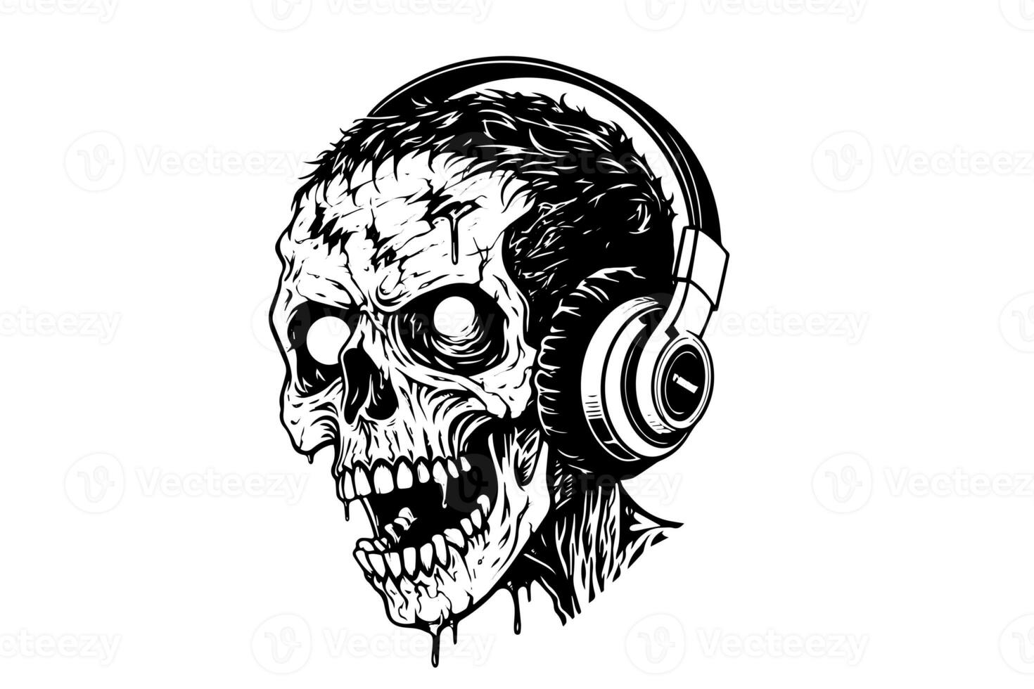 Zombie Kopf auf Kopfhörer Tinte skizzieren. Gehen tot Hand Zeichnung Vektor Illustration. foto