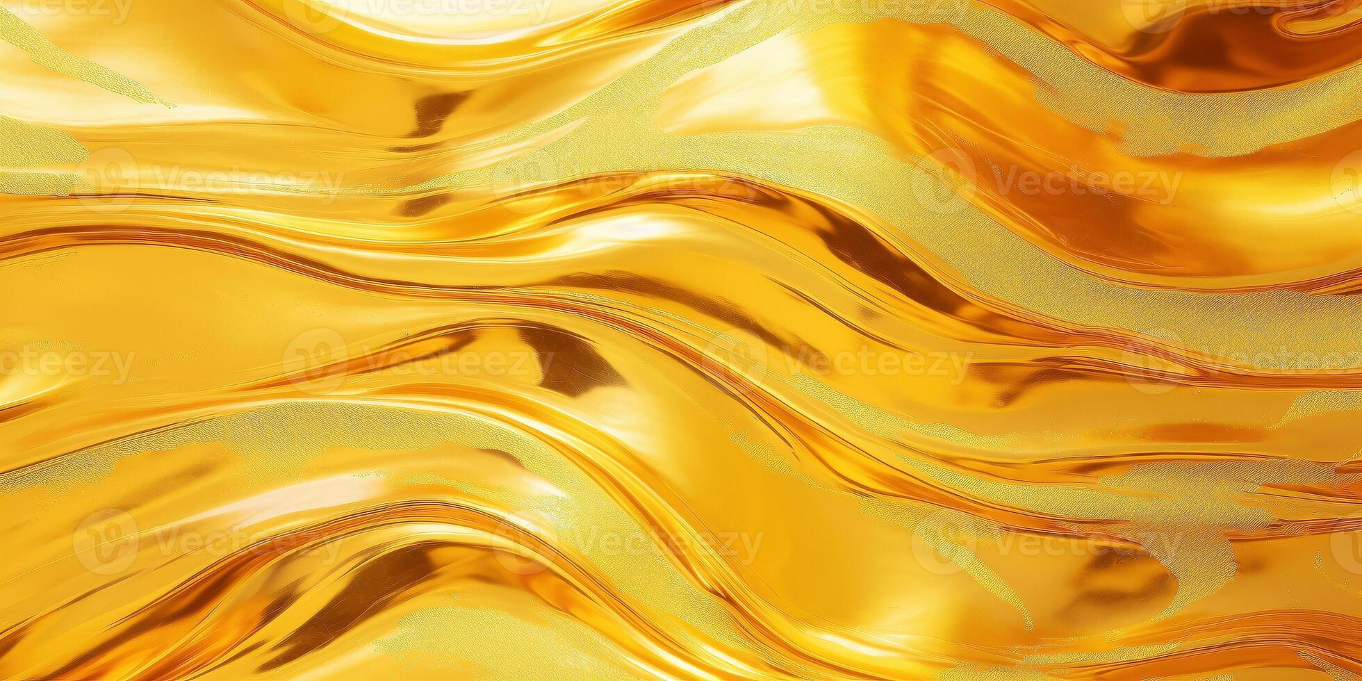 golden Flüssigkeit Hintergrund. Flüssigkeit Gelb Metall Hintergrund. Glanz Strudel Gold Textur. 3d wellig fließen Abstraktion. foto