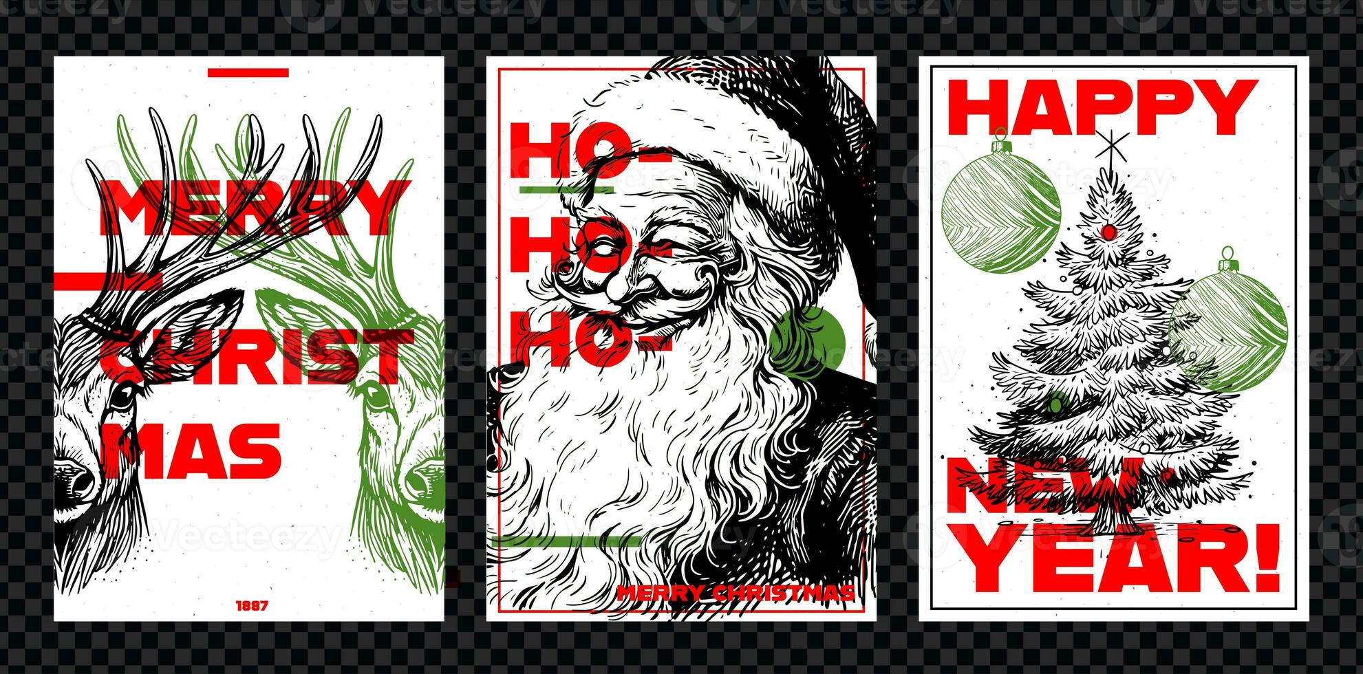 einstellen von fröhlich Weihnachten Flyer, Poster oder Postkarte mit Rentier, Santa claus und ein Weihnachten Baum. Jahrgang Vektor Karte mit Hand gezeichnet im graviert Stil. foto