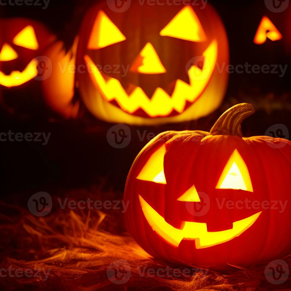 Halloween Kürbis Hintergrund mit gespenstisch Kürbis Jack Ö Laterne im ein dunkel launisch Wald foto
