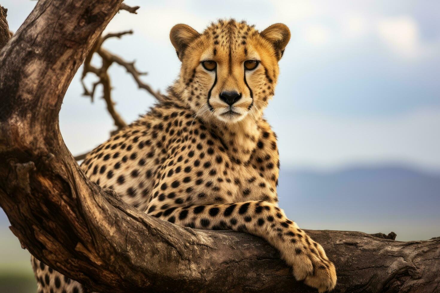 Gepard sitzt auf ein Baum im Serengeti National Park, Tansania, Gepard auf ein Baum im Serengeti National Park, Tansania, ai generiert foto