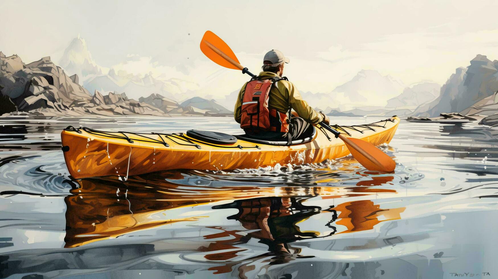 ein Mann ist Kajak fahren auf das See. das Konzept von aktiv Tourismus und Reise. Aussicht von das zurück foto