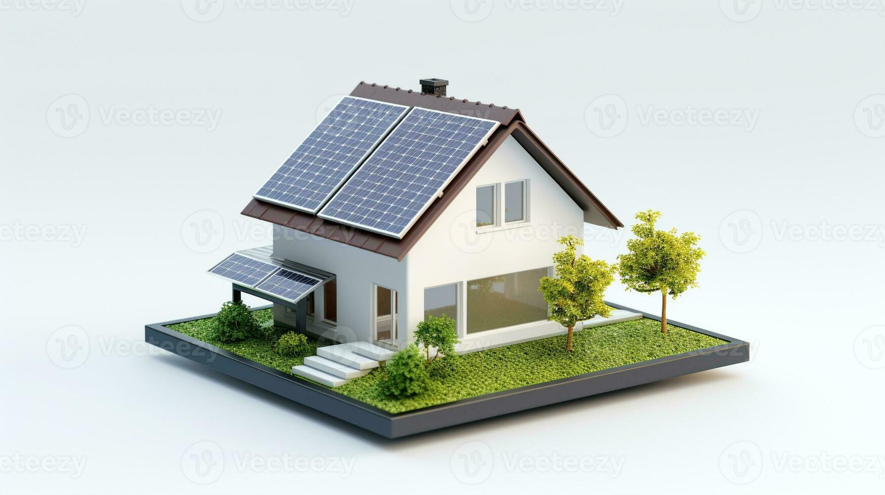 Miniatur Haus Modell- mit Solar- Panel auf Dach auf Weiß Hintergrund. Clever Zuhause Energie Speichern Konzept. generativ ai foto