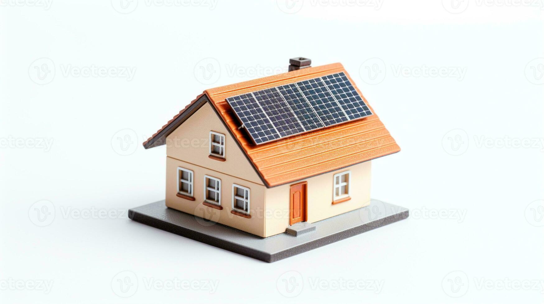 Miniatur Haus Modell- mit Solar- Panel auf Dach auf Weiß Hintergrund. Clever Zuhause Energie Speichern Konzept. generativ ai foto