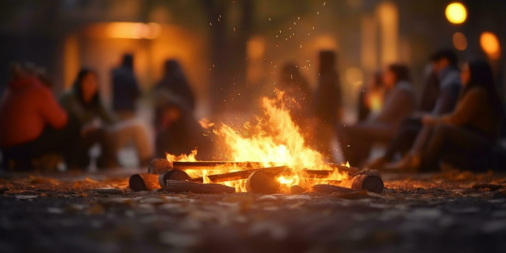 Versammlung von Menschen um enorm Lagerfeuer beim Nacht Festival - - ai generiert foto