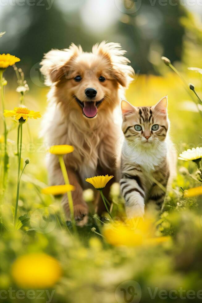 zwei bezaubernd pelzig freunde ein gestreift Katze und ein heiter Hund Bummel durch ein sonnig Frühling Wiese foto