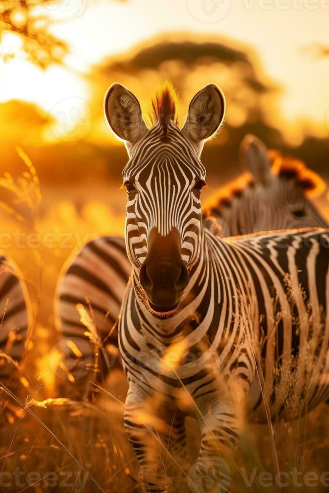 Herde von Zebras Weiden lassen im hoch Gras während ein Sommer- Sonnenuntergang ein Tierwelt Szene im Natur foto