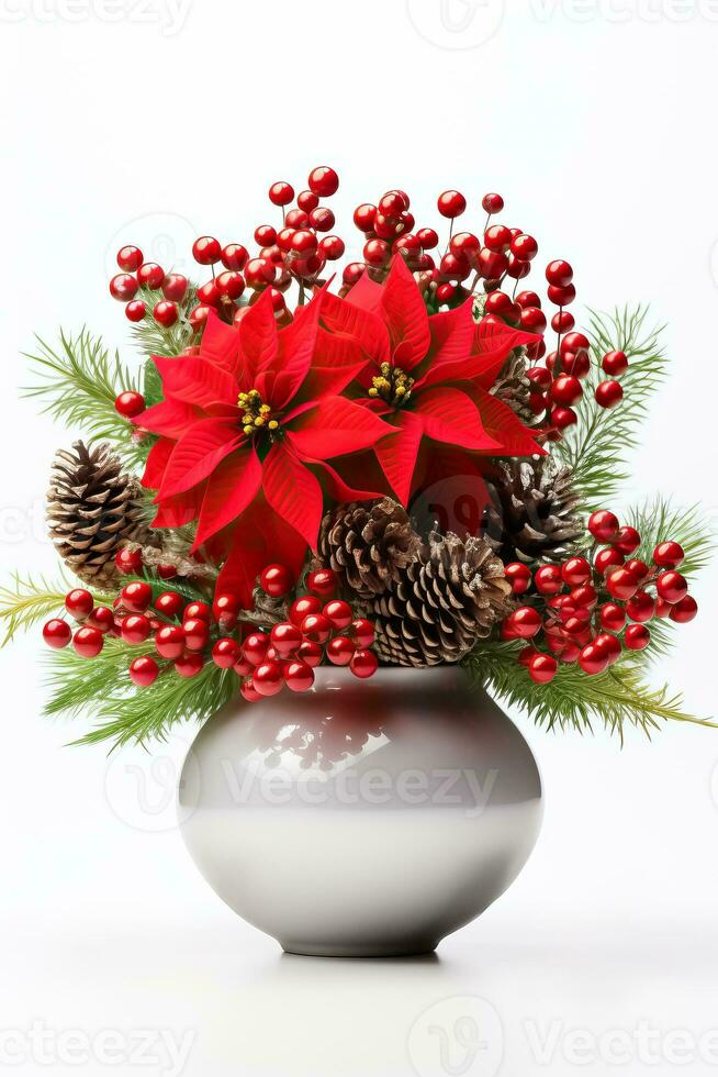 Weihnachten Dekoration rot Weihnachtsstern Blumen Baum Geäst Ball und Beeren auf Weiß Hintergrund mit Text Raum foto