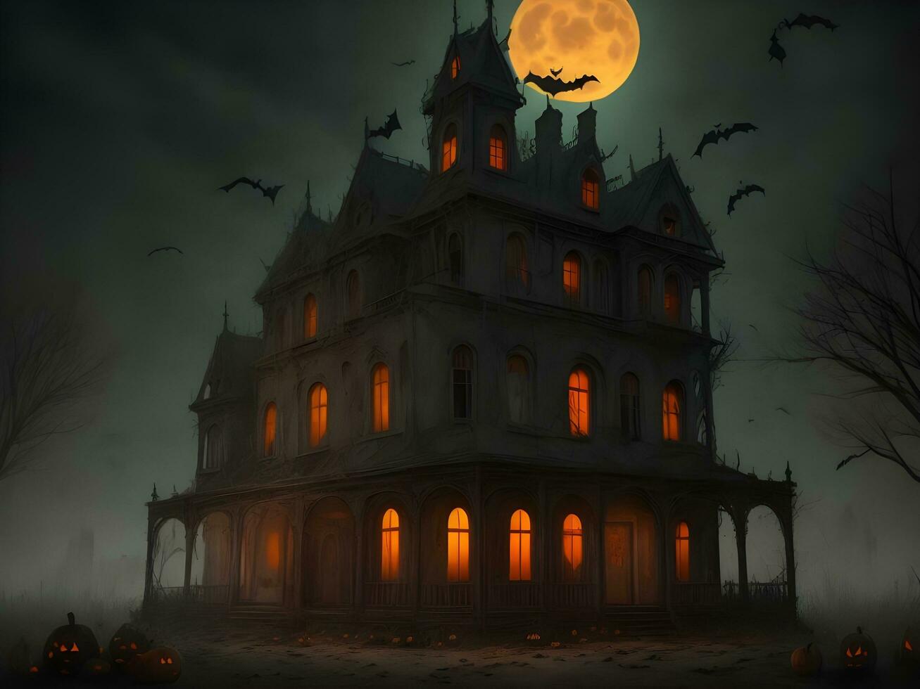 Halloween Nacht mit gespenstisch Haus, Fledermäuse und Kürbis Hintergrund Bild foto