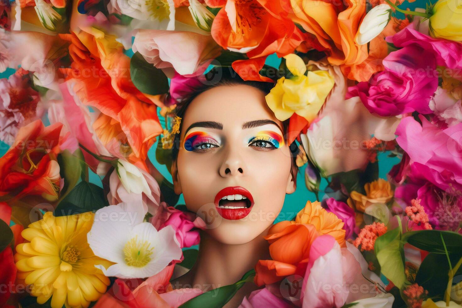 Frau Gesicht bedeckt Blumen. generieren ai foto