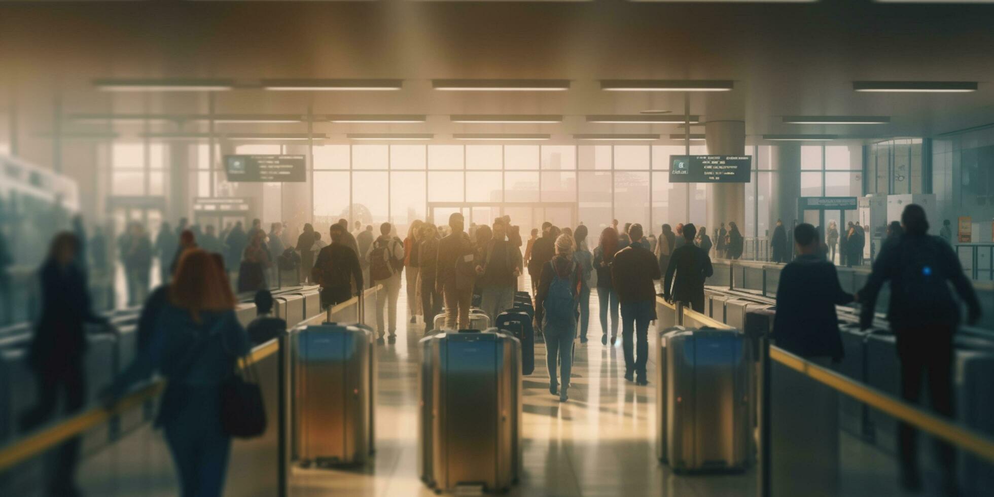 Passagiere warten im Linie beim Flughafen Sicherheit Kontrollpunkt zum Einsteigen - - ai generiert foto