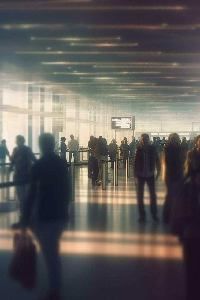 Passagiere warten im Linie beim Flughafen Sicherheit Kontrollpunkt zum Einsteigen - - ai generiert foto