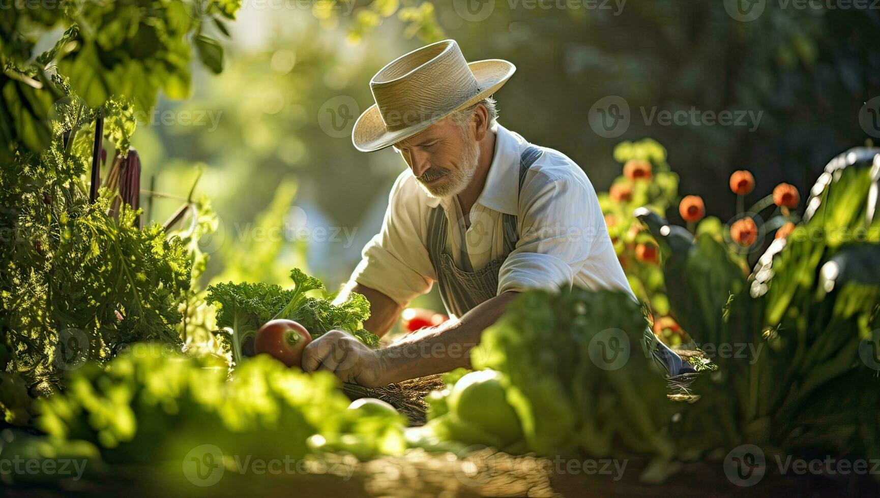 Senior Mann Ernte Gemüse im das Garten, er ist tragen ein Stroh Hut foto